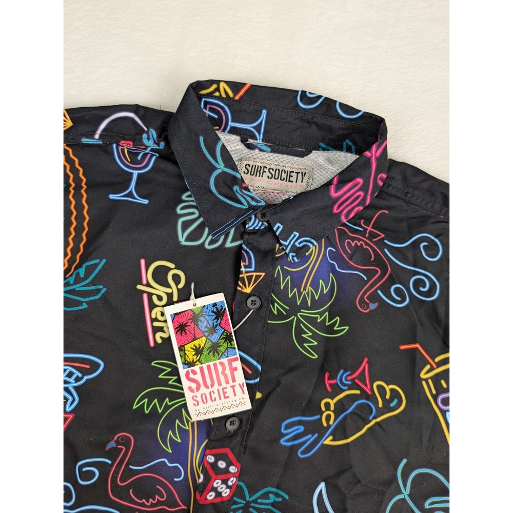 Surf Society Short Sleeve Shirt Mens XL Black Neon Sign All Over Print NWT